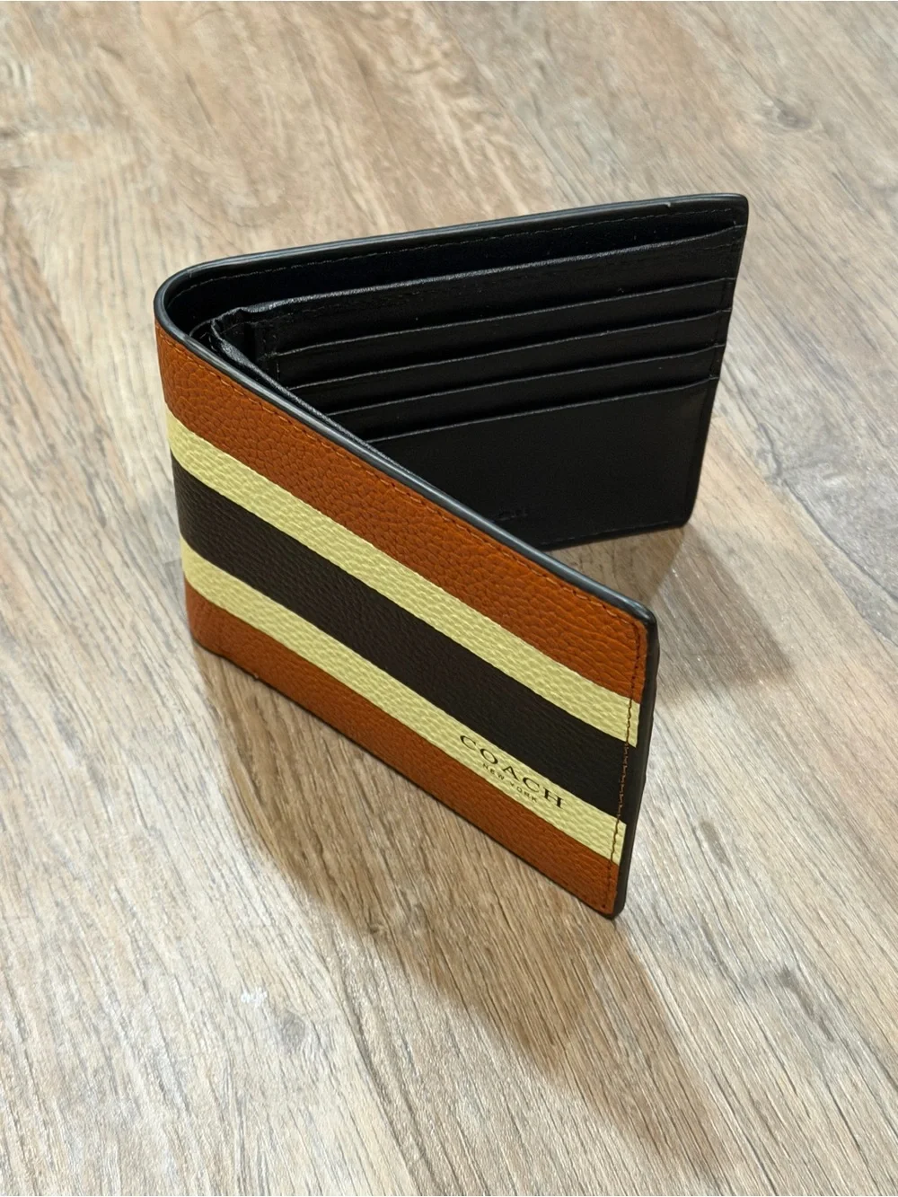 COACH Men’s Striped Leather Bifold Wallet — Brown/Black/Cream